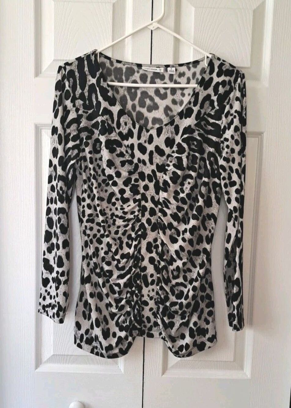 Susan Graver Animal Print Top M Ruched Front Stretch Long Sleeve Blouse